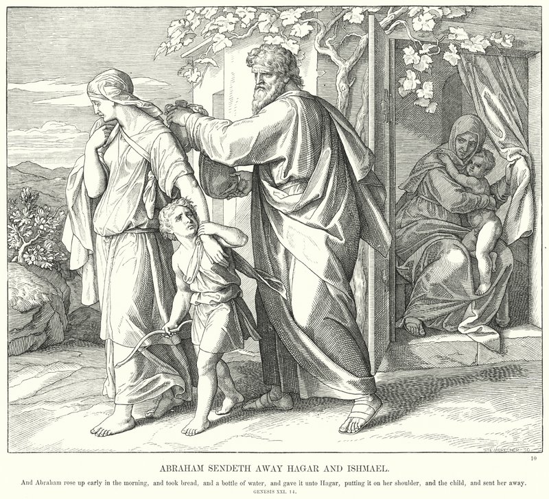 Abraham posílá pryč Hagar a Izmaela (rytina) od Julius (after) Schnorr von Carolsfeld