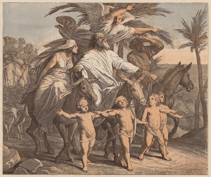Abraham hledí na zaslíbenou zemi, Genesis, XII, 7 (kolorovaná rytina) od Julius (after) Schnorr von Carolsfeld