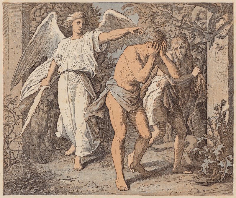 Adam a Eva vyhnáni z ráje, Genesis, III, 23, 24 (kolorovaná rytina) od Julius (after) Schnorr von Carolsfeld