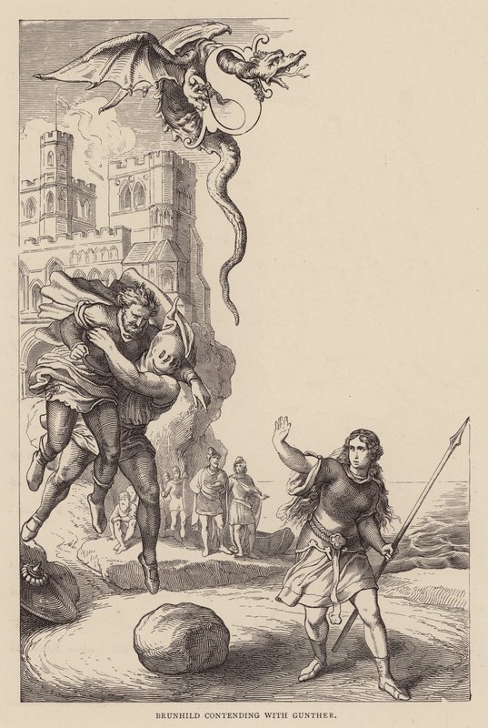 Brunhilda bojující s Guntherem (rytina) od Julius (after) Schnorr von Carolsfeld