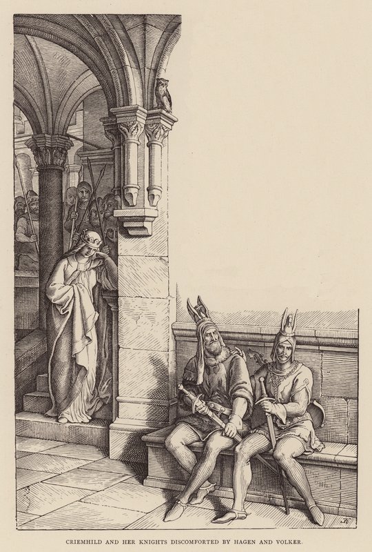 Criemhilda a její rytíři v nepohodě od Hagena a Volkera (rytina) od Julius (after) Schnorr von Carolsfeld