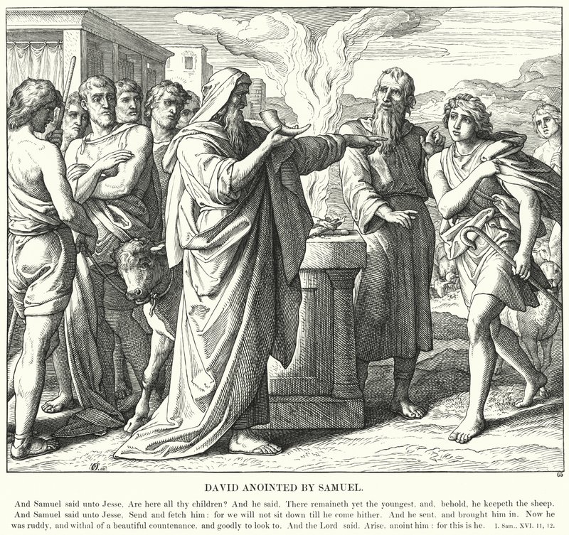 David pomazaný Samuelem (rytina) od Julius (after) Schnorr von Carolsfeld