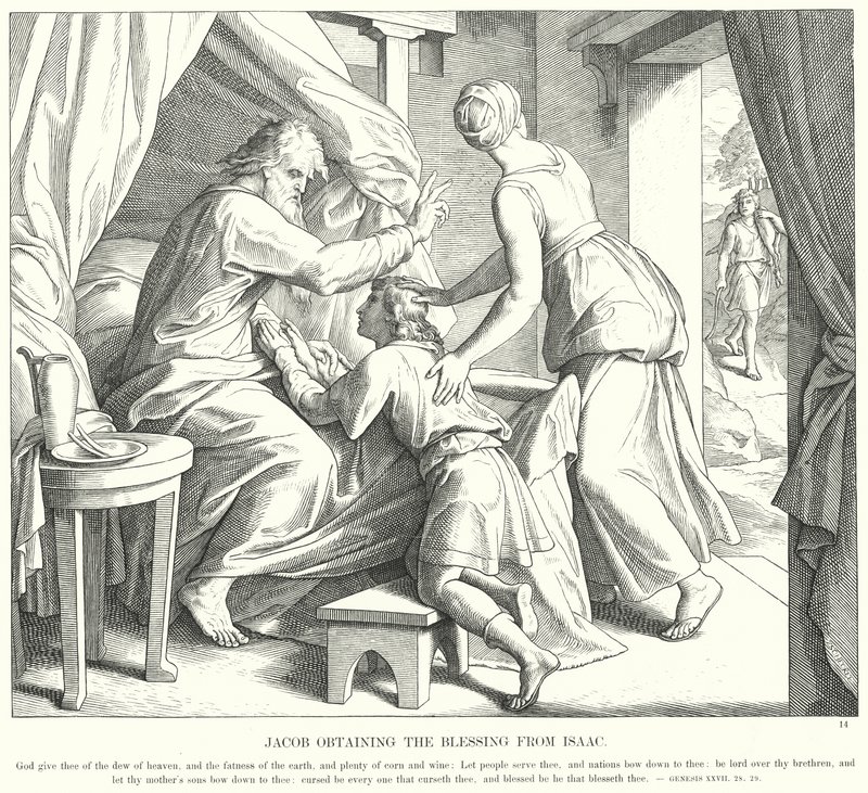 Jacob Získání požehnání od Izáka (rytina) od Julius (after) Schnorr von Carolsfeld