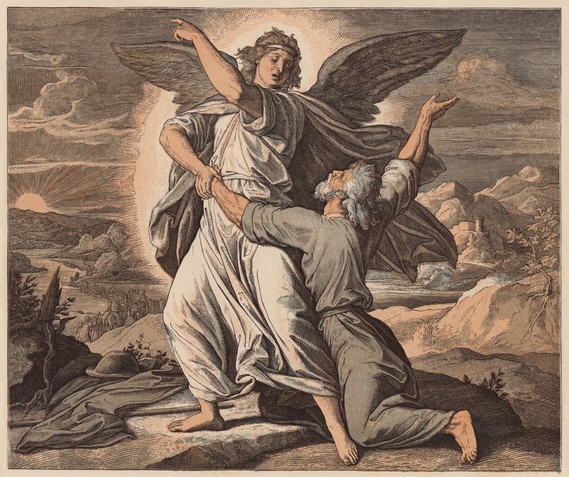 Jákob zápasí s andělem, Genesis, XXXII, 26 (kolorovaná rytina) od Julius (after) Schnorr von Carolsfeld