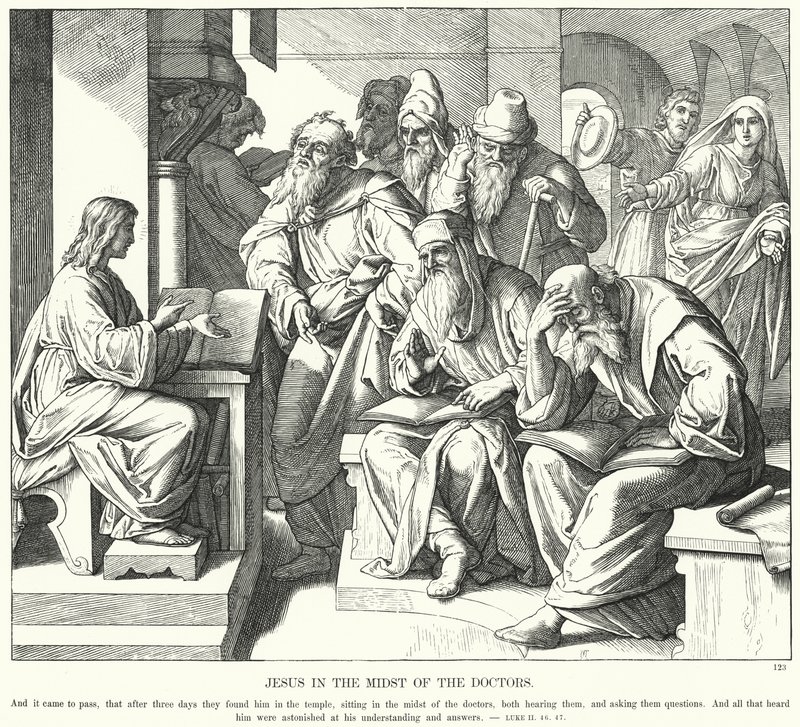 Ježíš uprostřed lékařů (rytina) od Julius (after) Schnorr von Carolsfeld