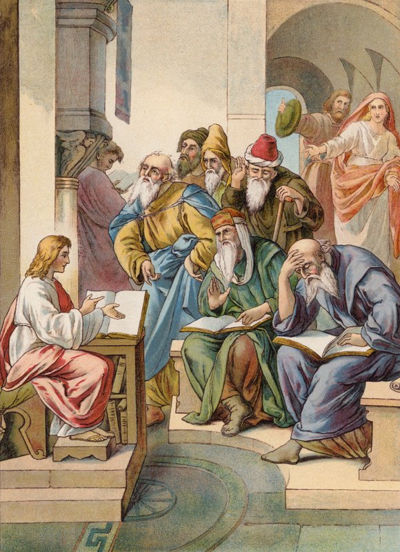 Ježíš se staršími v chrámu (barevná litografie) od Julius (after) Schnorr von Carolsfeld