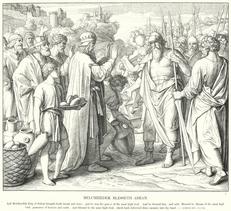 Melchizedek Blesseth Abram (rytina) od Julius (after) Schnorr von Carolsfeld