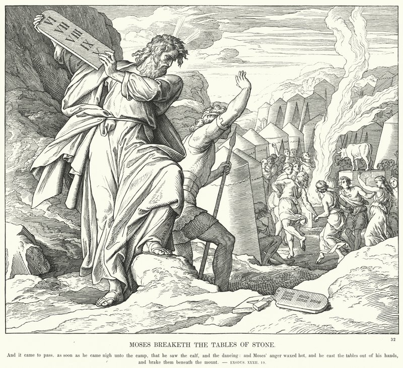 Mojžíš rozbíjí kamenné stoly (rytina) od Julius (after) Schnorr von Carolsfeld