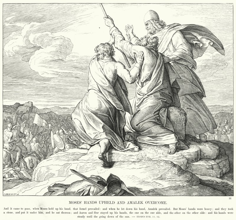 Mojžíšovy ruce vztyčené a Amalek překonán (rytina) od Julius (after) Schnorr von Carolsfeld