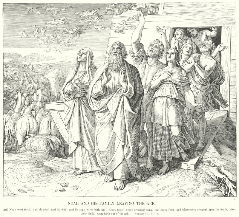 Noe a jeho rodina opouštějí archu (rytina) od Julius (after) Schnorr von Carolsfeld