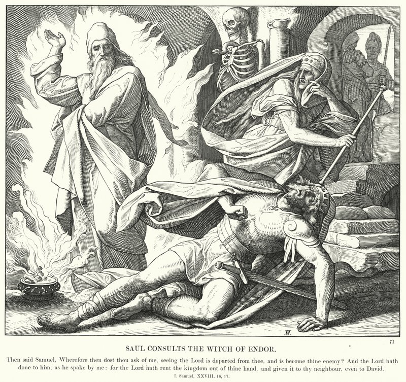 Saul Consults the Witch of Endor (rytina) od Julius (after) Schnorr von Carolsfeld
