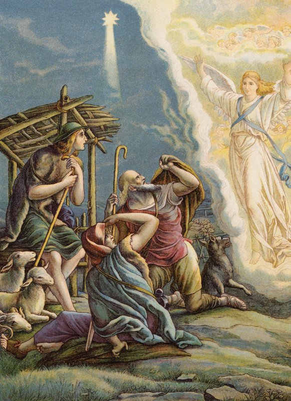 Pastýři přijímají dobrou zprávu (barevná litografie) od Julius (after) Schnorr von Carolsfeld