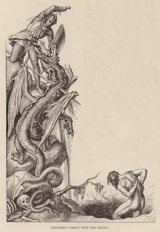 Siegfriedův boj s drakem (rytina) od Julius (after) Schnorr von Carolsfeld