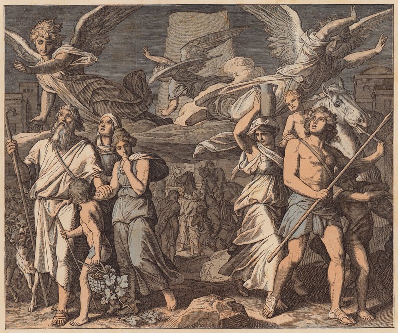 Zmatení jazyků, Genesis, XI, 7 (kolorovaná rytina) od Julius (after) Schnorr von Carolsfeld