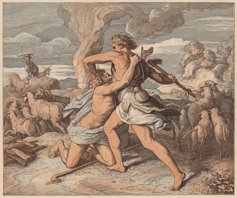 Abelova smrt, Genesis, IV, 8 (kolorovaná rytina) od Julius (after) Schnorr von Carolsfeld
