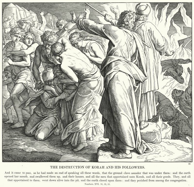 Zničení Koraha a jeho následovníků (rytina) od Julius (after) Schnorr von Carolsfeld