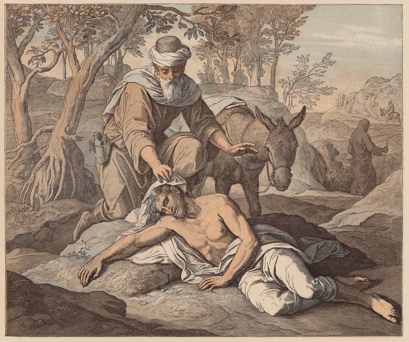 Milosrdný Samaritán, svatý Lukáš, X, 33, 34 (kolorovaná rytina) od Julius (after) Schnorr von Carolsfeld