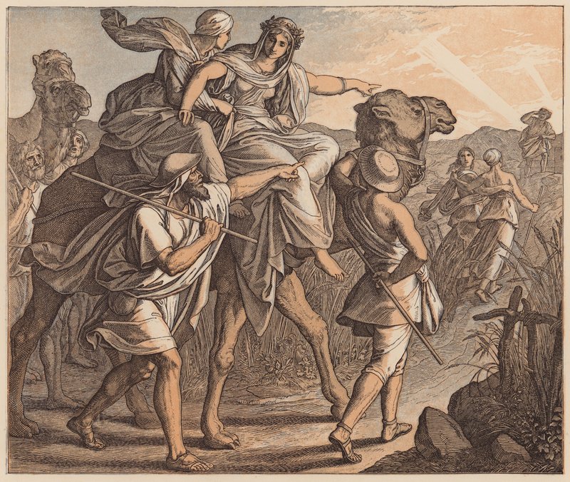 Setkání Izáka a Rebeky, Genesis, XXIV, 64 (kolorovaná rytina) od Julius (after) Schnorr von Carolsfeld