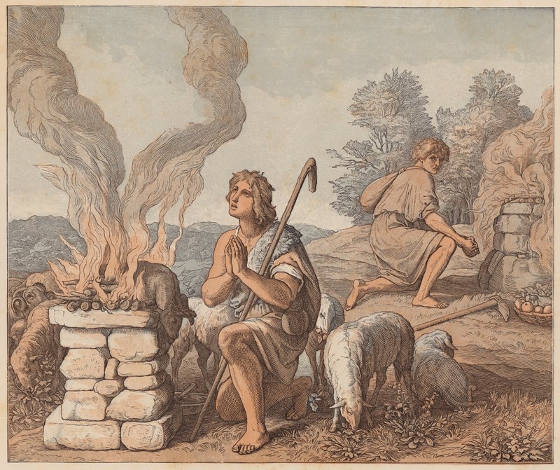 Oběti Kaina a Ábela, Genesis, IV, 3, 4 (kolorovaná rytina) od Julius (after) Schnorr von Carolsfeld