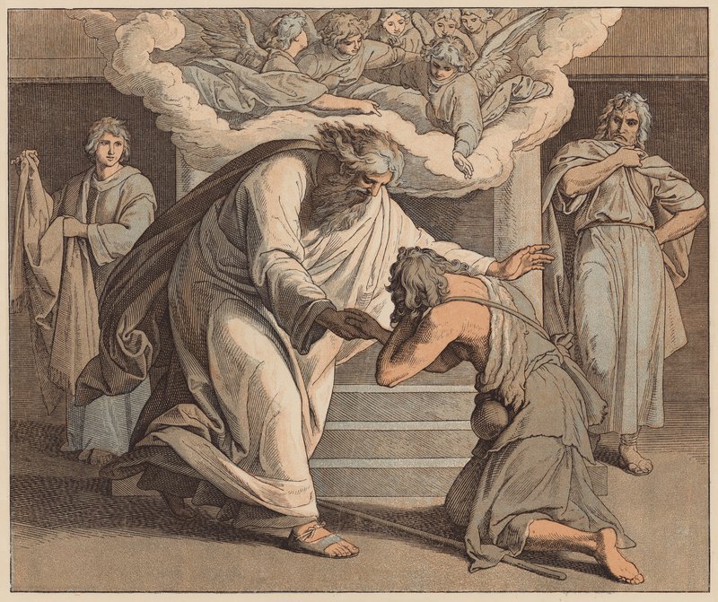Marnotratný syn, svatý Lukáš, XV, 20 (kolorovaná rytina) od Julius (after) Schnorr von Carolsfeld