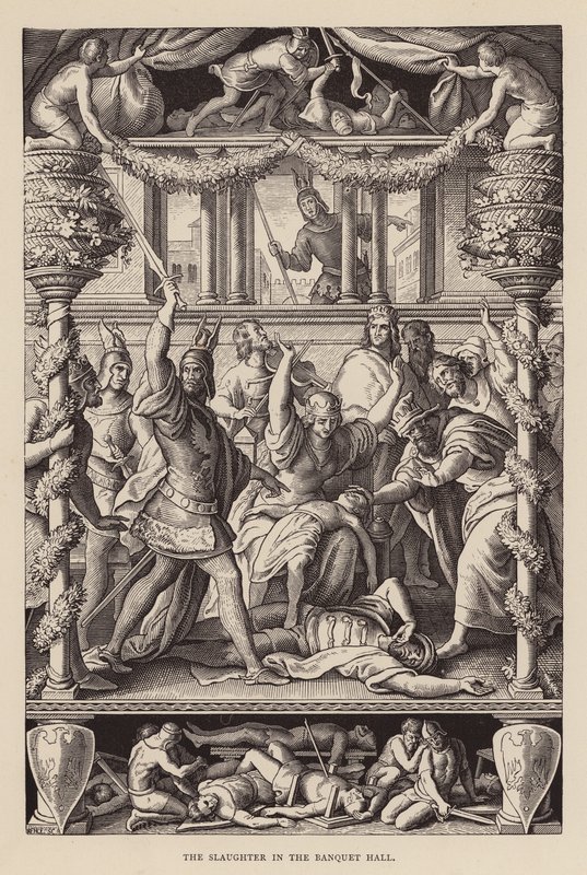 Jatka v hodovní síni (rytina) od Julius (after) Schnorr von Carolsfeld