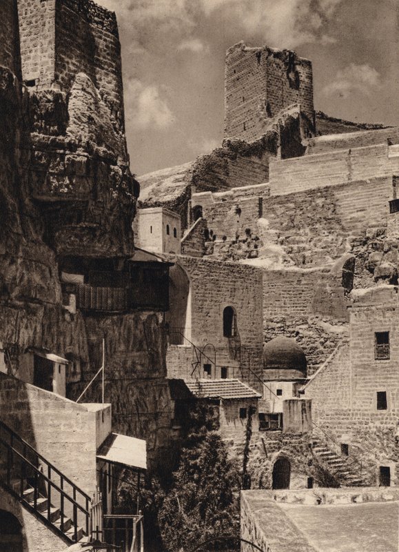 Mar Saba, věž Eudoxie a klášter (černobílá fotografie) od Karl Grober