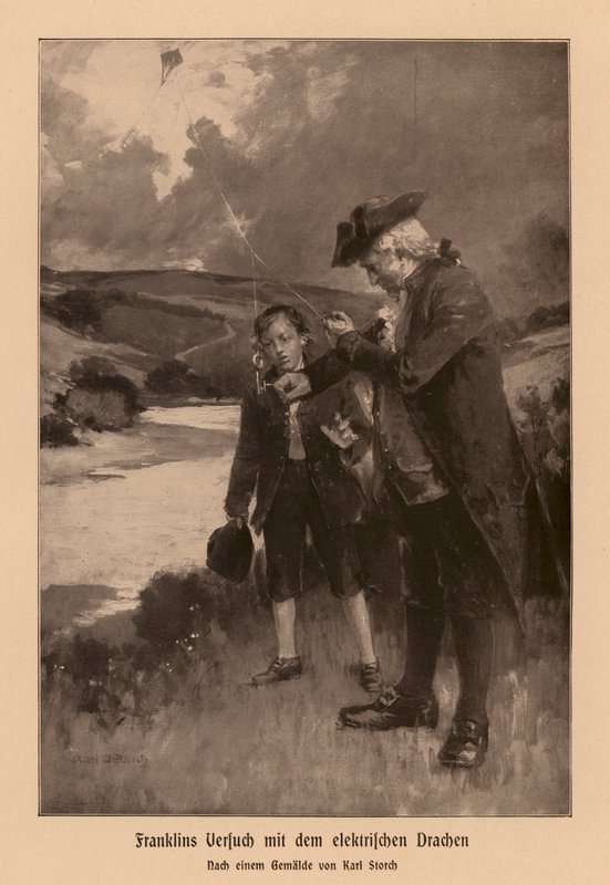 Benjamin Franklin zkoumá blesk (litografie) od Karl Storch