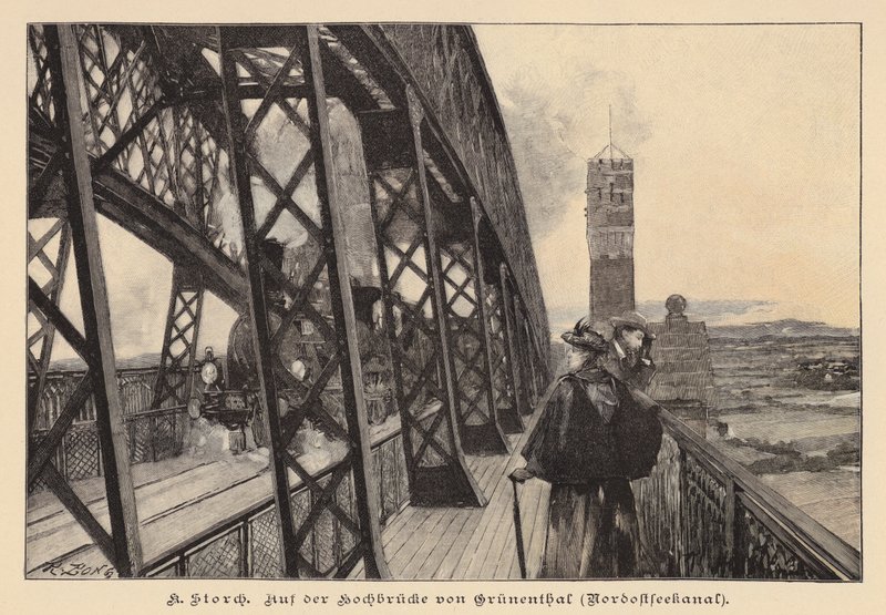 Na vysokém mostě Grunental přes Kielský průplav, Německo (rytina) od Karl Storch