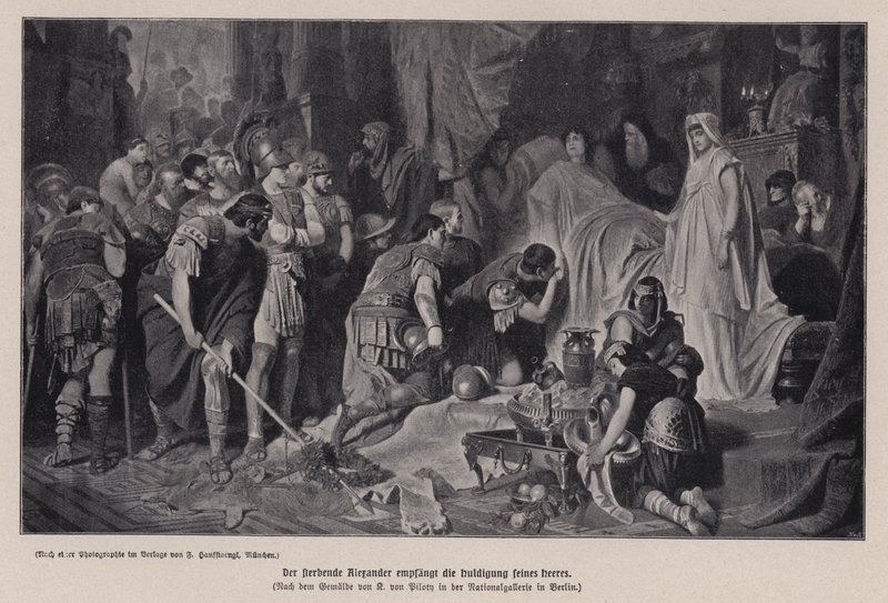 Umírající Alexandr Veliký přijímající poctu své armády, Babylon, 323 př.nl (litho) od Karl Theodor von Piloty