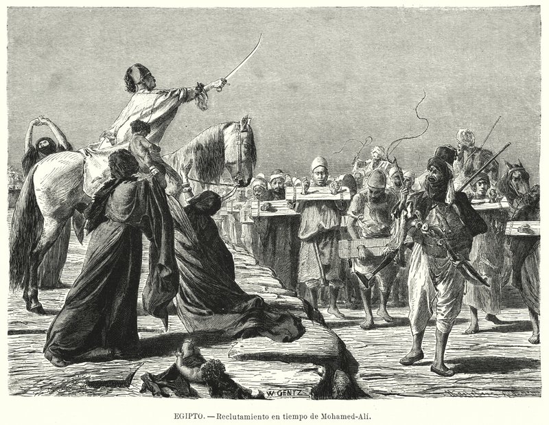 Nábor vojáků do osmanské armády v době Muhammada Aliho, Khedive z Egypta (litho) od Karl Wilhelm Gentz