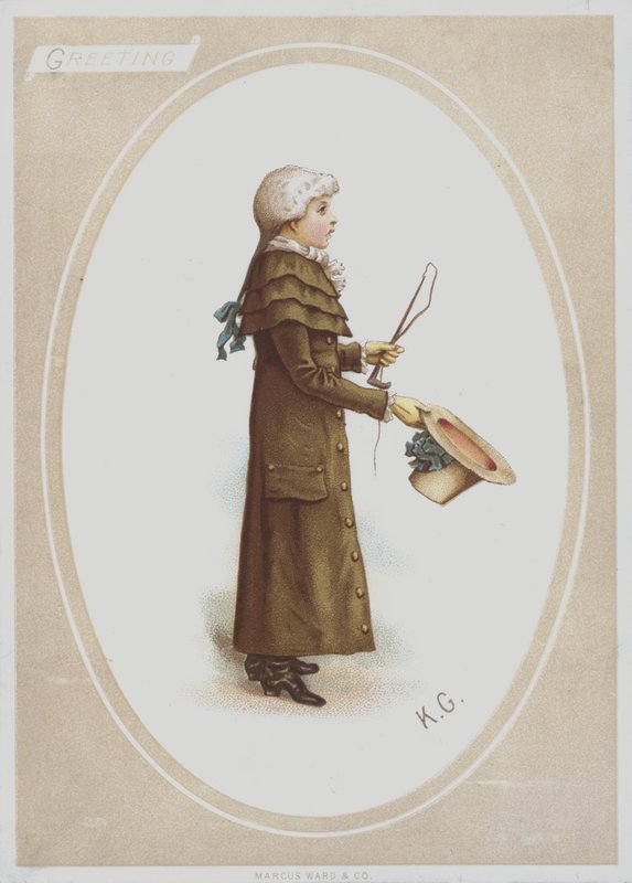 Chlapec v dlouhém hnědém kabátě, s parukou, kloboukem a loveckým bičem (barva litho) od Kate (after) Greenaway