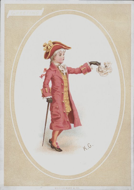 Chlapec v červeném obleku, mává kapesníkem (barva litho) od Kate (after) Greenaway