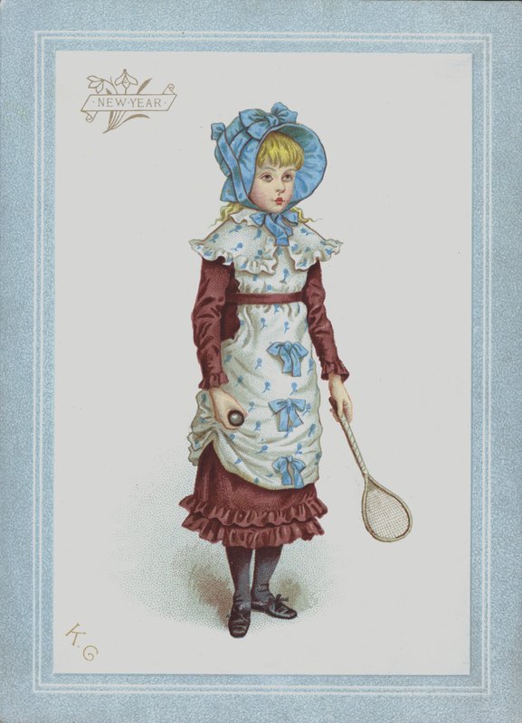 Dívka v šatech a čepici, držící míček a raketu (barva litho) od Kate (after) Greenaway