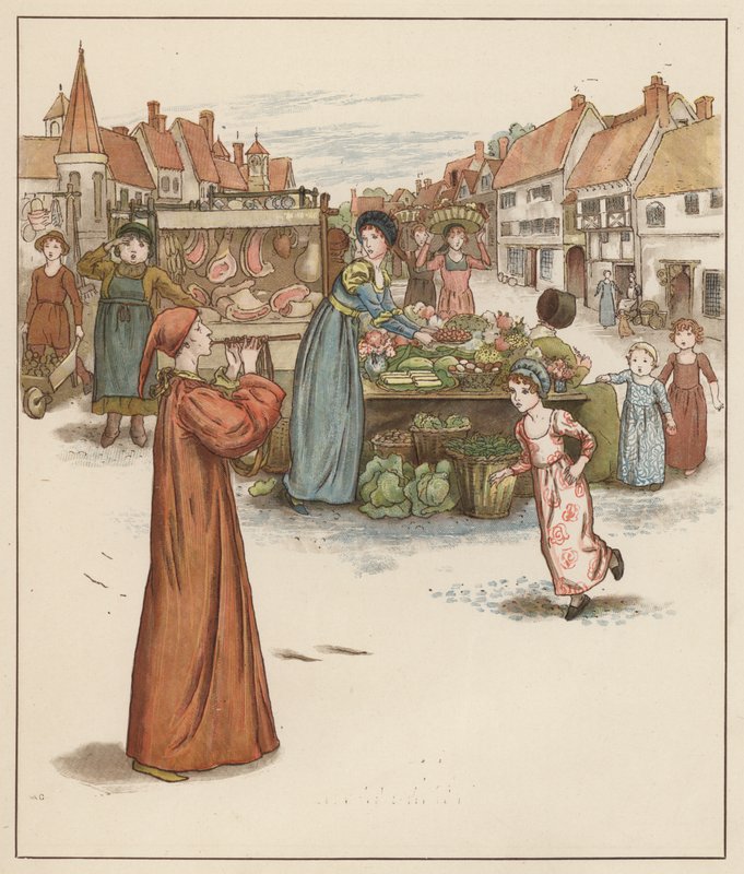 Ilustrace Kate Greenaway pro Krysař z Hamelnu od Roberta Browninga (barevné lito) od Kate (after) Greenaway