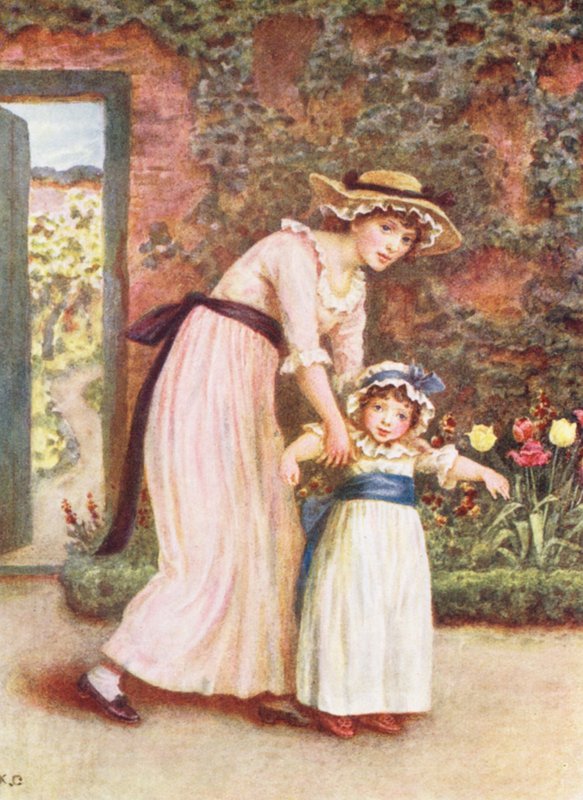 Dvě dívky v zahradě (barevná litografie) od Kate (after) Greenaway