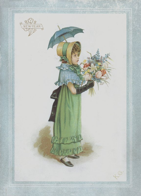 Dívka v zelených šatech, drží slunečník a kytici květin od Kate Greenaway