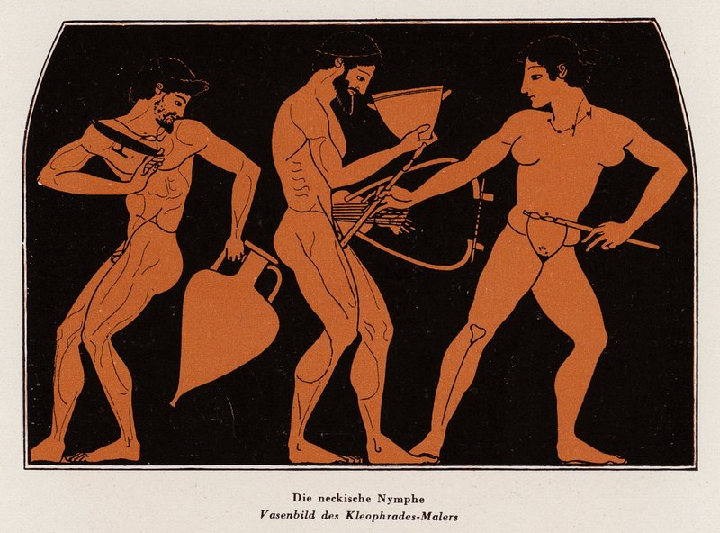 Škádlení nymfy (barevný litho) od Kleophrades Painter (fl.500 475 BC)