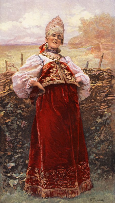 Ruská dívka (barevná litografie) od Konstantin E Makovskij