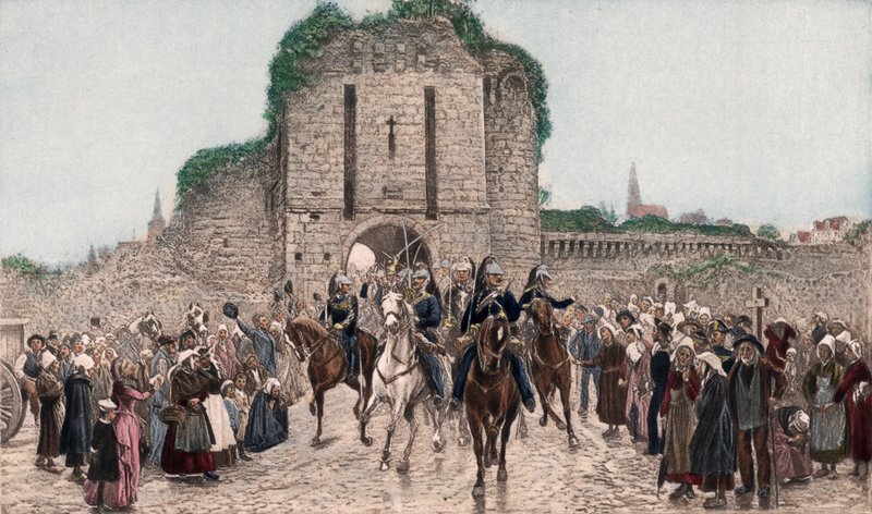 Kavalérie opouští bretaňské město (barevný hlubotisk) od Lady  Butler