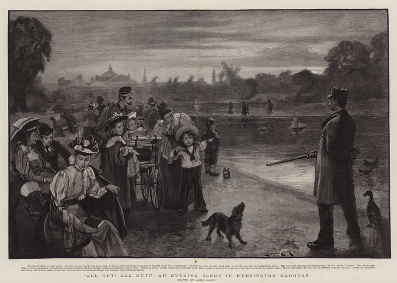 Všichni ven! Všichni ven! Večerní scéna v Kensington Gardens od Lance Calkin