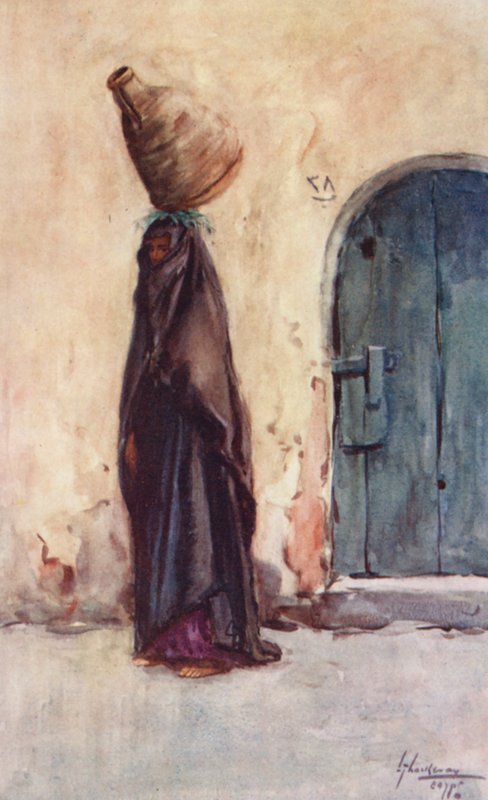 Lidé Egypta: Domorodá žena nesoucí džbán s vodou, Fellaha Hamla el Belassi (barevná litografie) od Lance Thackeray