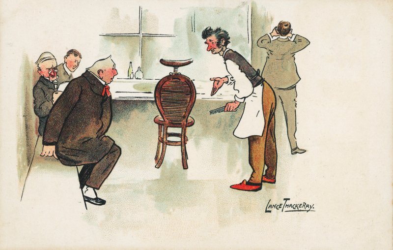 Scéna v holičství (chromolitho) od Lance Thackeray