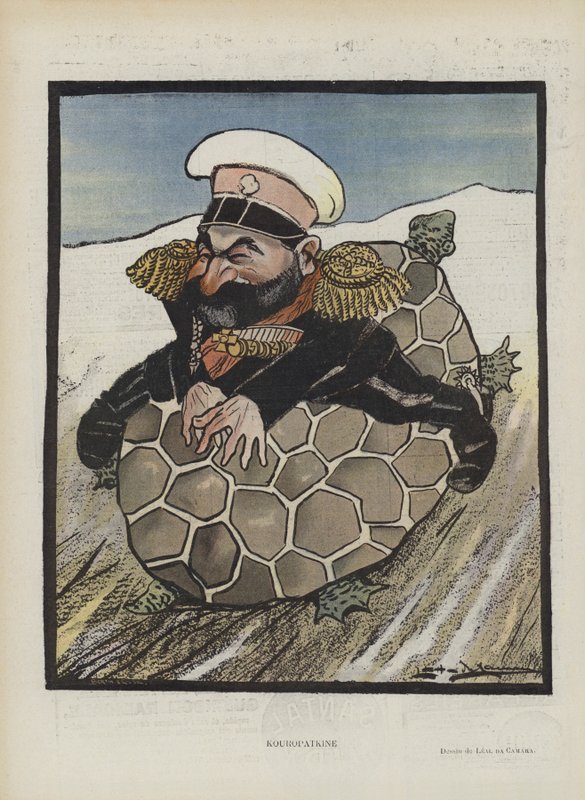 Alexej Kuropatkin, ruský ministr války. Ilustrace pro Le Rire (barevné lito) od Leal de Camara