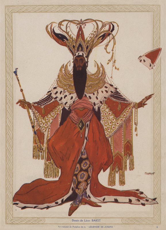 Kostýmní návrh Leona Baksta pro Potiphar in a Ballets Russes inscenaci baletu Richarda Strausse Josephslegende (barevné lito) od Leon (after) Bakst