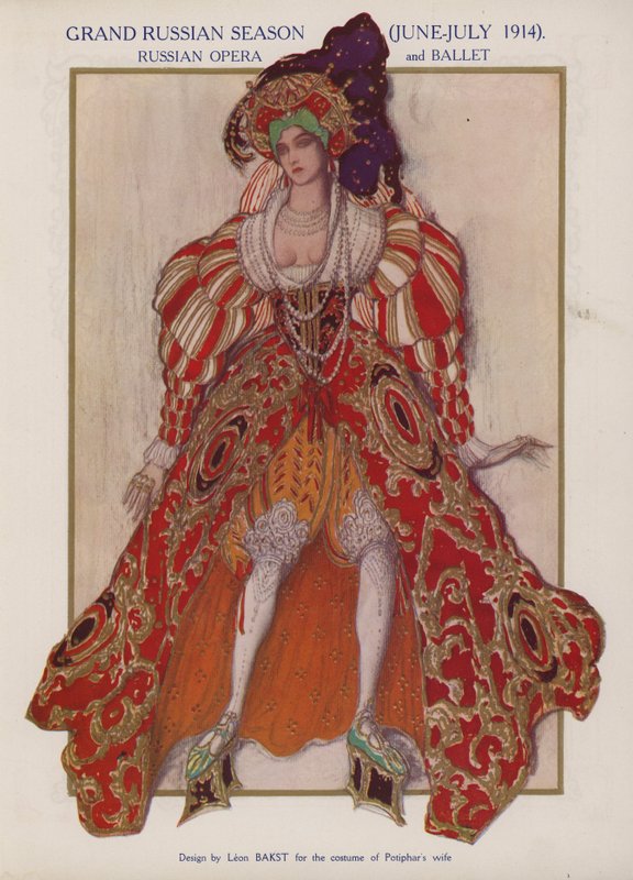 Kostýmní návrh Leona Baksta pro Potifarovu manželku v inscenaci Ballets Russes baletu Richarda Strausse Josephslegende (barevné lito) od Leon (after) Bakst