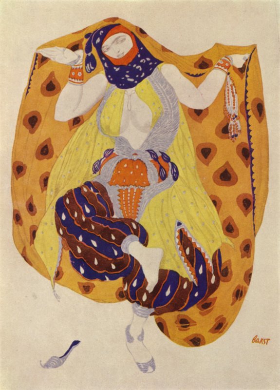 Odaliska, kostýmní návrh Leona Baksta pro inscenaci Šeherezády (barevné lito) Ballets Russes od Leon (after) Bakst