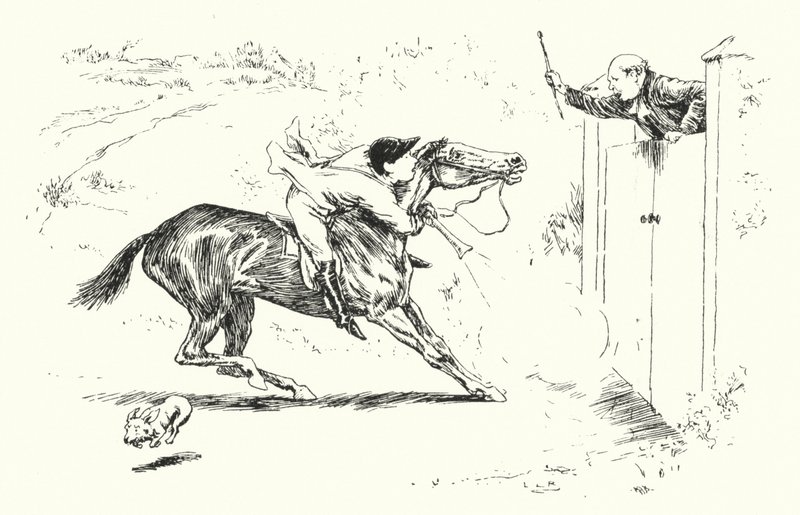 Muž šel na lov v Reigate a chtěl přeskočit vysokou bránu (rytina) od Leonard Leslie Brooke