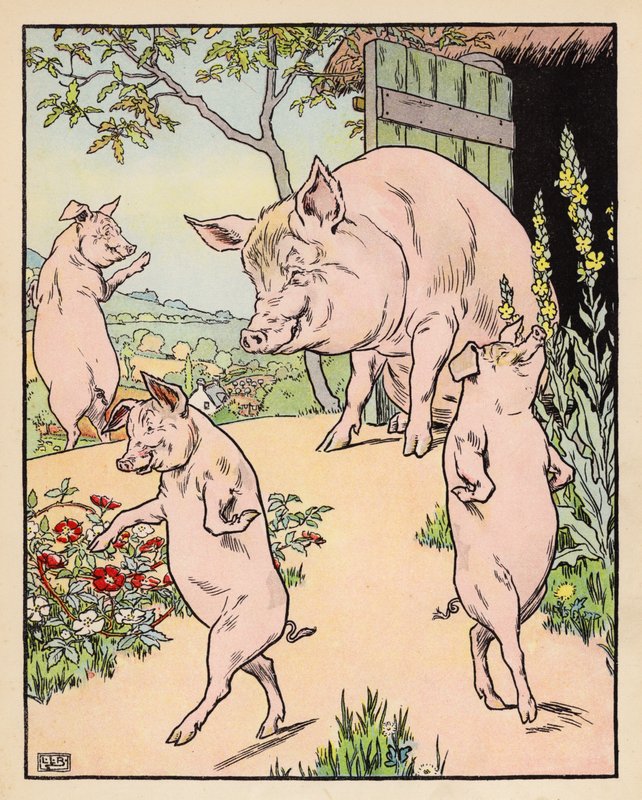 Ilustrace ke Třem prasátkům (barevná litografie) od Leonard Leslie Brooke