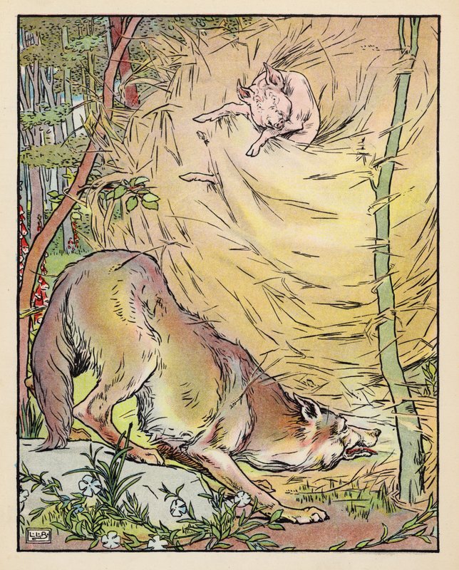 Ilustrace ke Třem prasátkům (barevná litografie) od Leonard Leslie Brooke