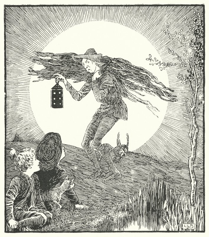 Muž na měsíci se zřítil dolů (rytina) od Leonard Leslie Brooke